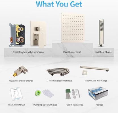 Brushed Nickel Rainfall Shower System , 10-Inch Rain Shower Head with Handheld Sprayer, Mixer Valve & Complete Shower Set