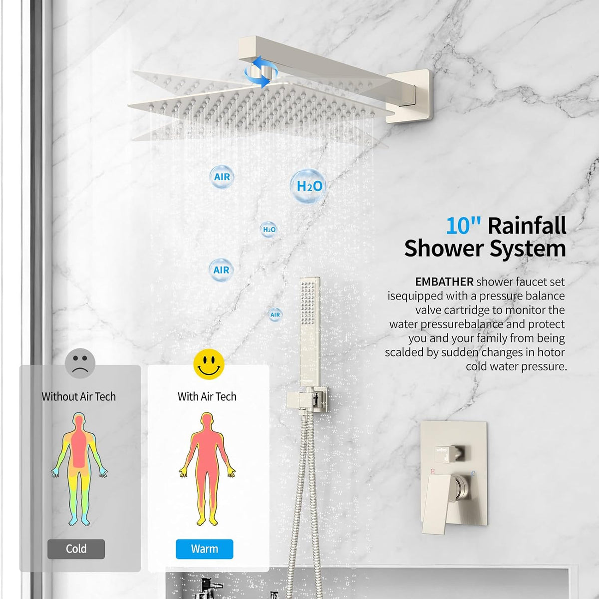 Brushed Nickel Rainfall Shower System , 10-Inch Rain Shower Head with Handheld Sprayer, Mixer Valve & Complete Shower Set