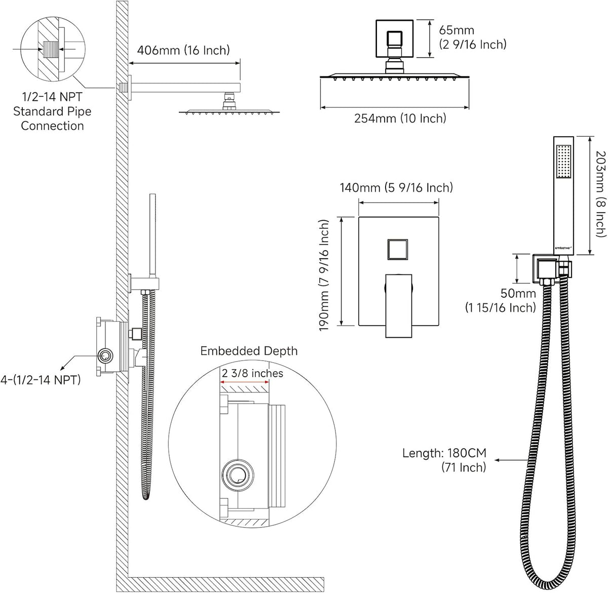 Brushed Nickel Rainfall Shower System , 10-Inch Rain Shower Head with Handheld Sprayer, Mixer Valve & Complete Shower Set
