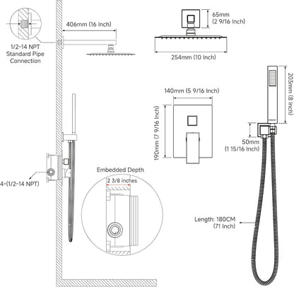 Brushed Nickel Rainfall Shower System , 10-Inch Rain Shower Head with Handheld Sprayer, Mixer Valve & Complete Shower Set