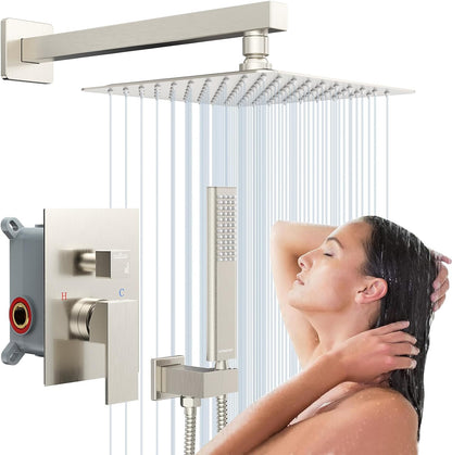 Brushed Nickel Rainfall Shower System , 10-Inch Rain Shower Head with Handheld Sprayer, Mixer Valve & Complete Shower Set