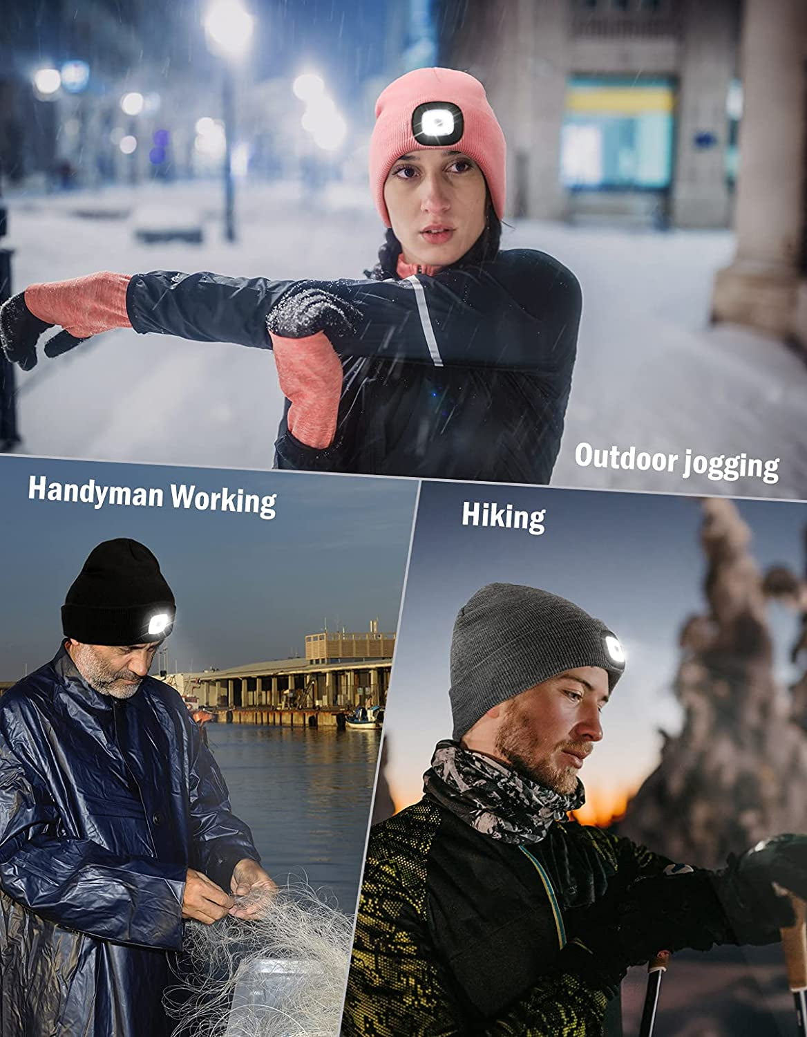 Unisex Rechargeable LED Beanie Hat,  Hands-Free Light, Adjustable Brightness & Warm Winter Knit Cap