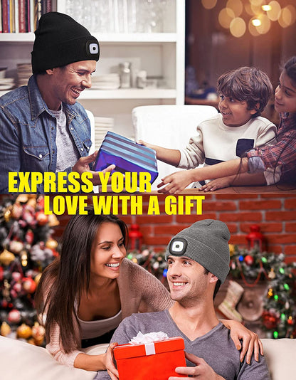 Unisex Rechargeable LED Beanie Hat,  Hands-Free Light, Adjustable Brightness & Warm Winter Knit Cap