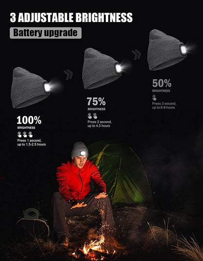 Unisex Rechargeable LED Beanie Hat,  Hands-Free Light, Adjustable Brightness & Warm Winter Knit Cap